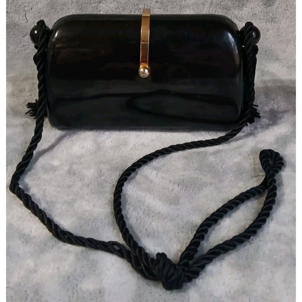 Vintage Hong Kong Made Plastic‎ Purse Black Tasseled Strap Gold Tone Latch READ